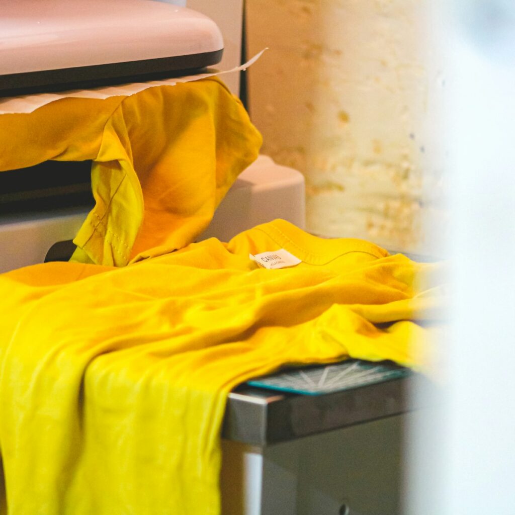 T-shirt on a heat press for DTF transfer